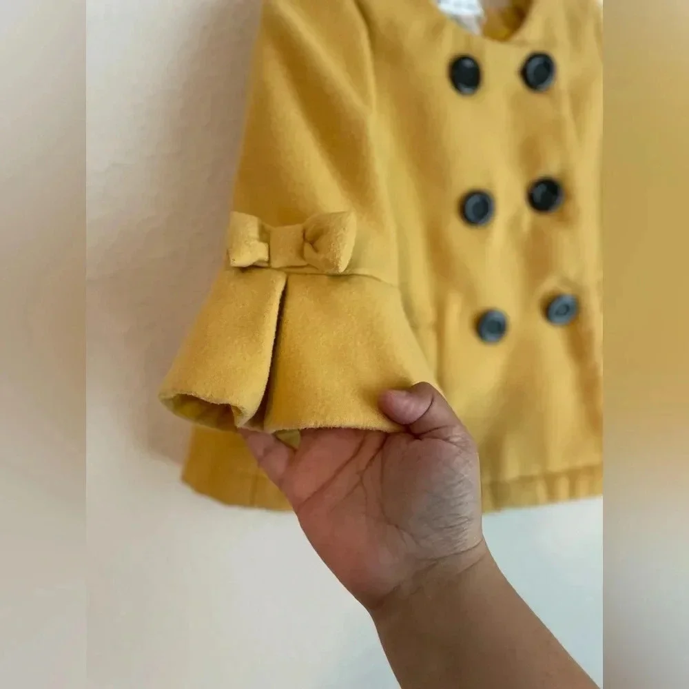 Max Studio toddler girls mustard yellow pea coat with bows on bell sleeves 3T